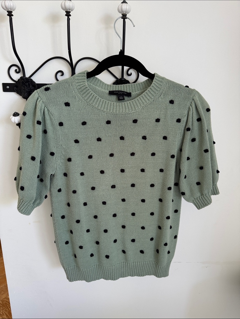 Ann Taylor Petite Small Green Sweater Top with Black Polka Dots